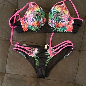 Floral Black and Pink Women's Bikini Set